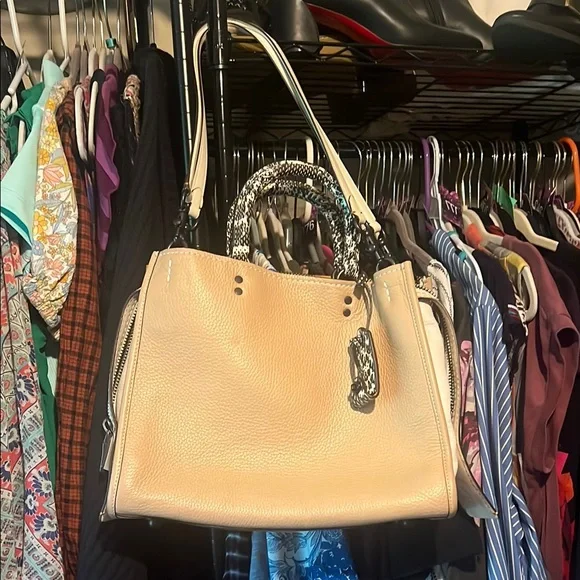 Coach Rogue Tan Leather Handbag with Patterned Handles crossbody, shoulder